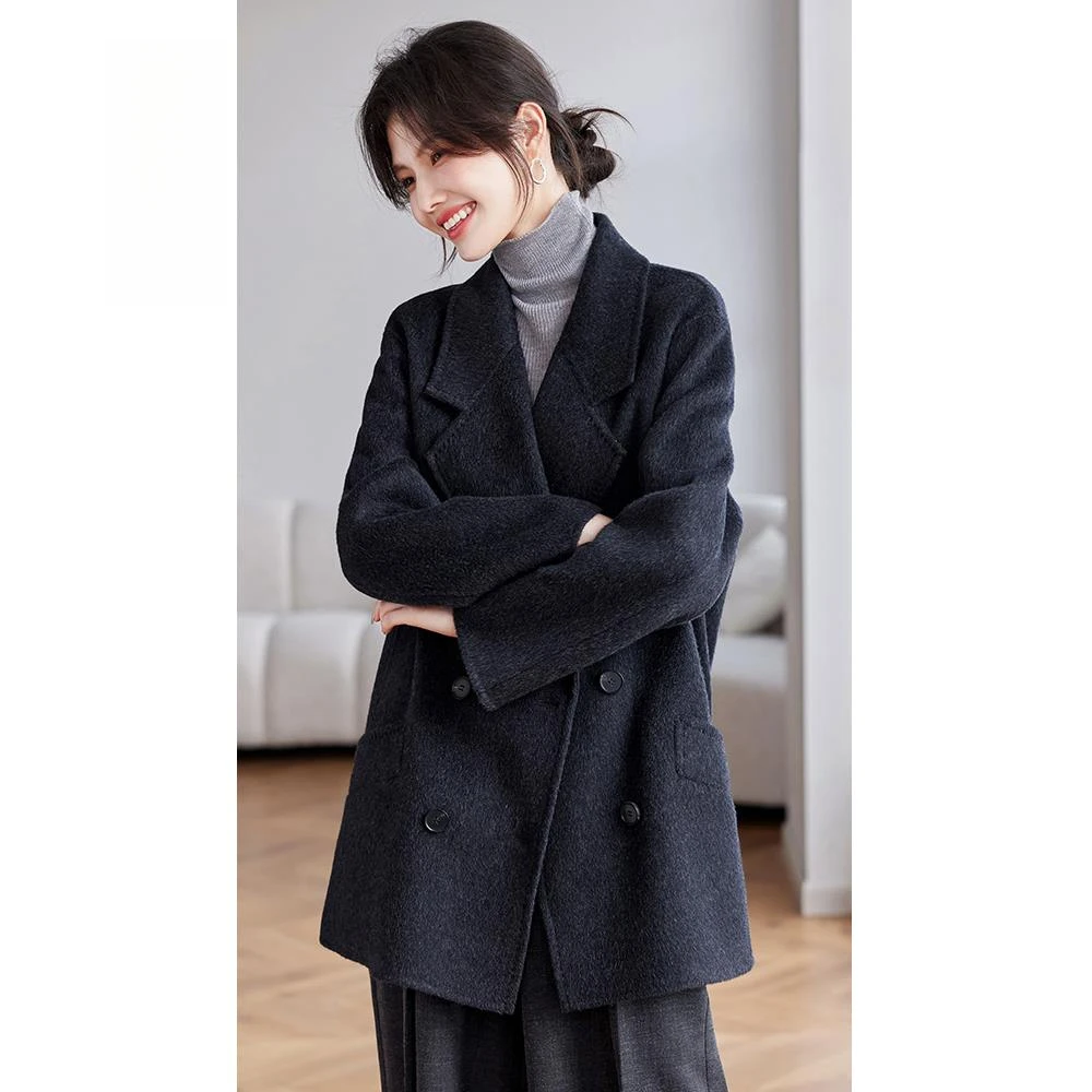 灰色高级感时尚西装领双面含羊绒大衣女秋冬新款宽松高支羊毛外套