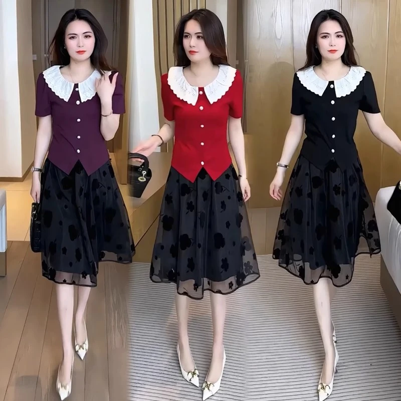 法式连衣裙套装女2025夏季新款洋气短袖上衣高腰网纱半身裙两件套