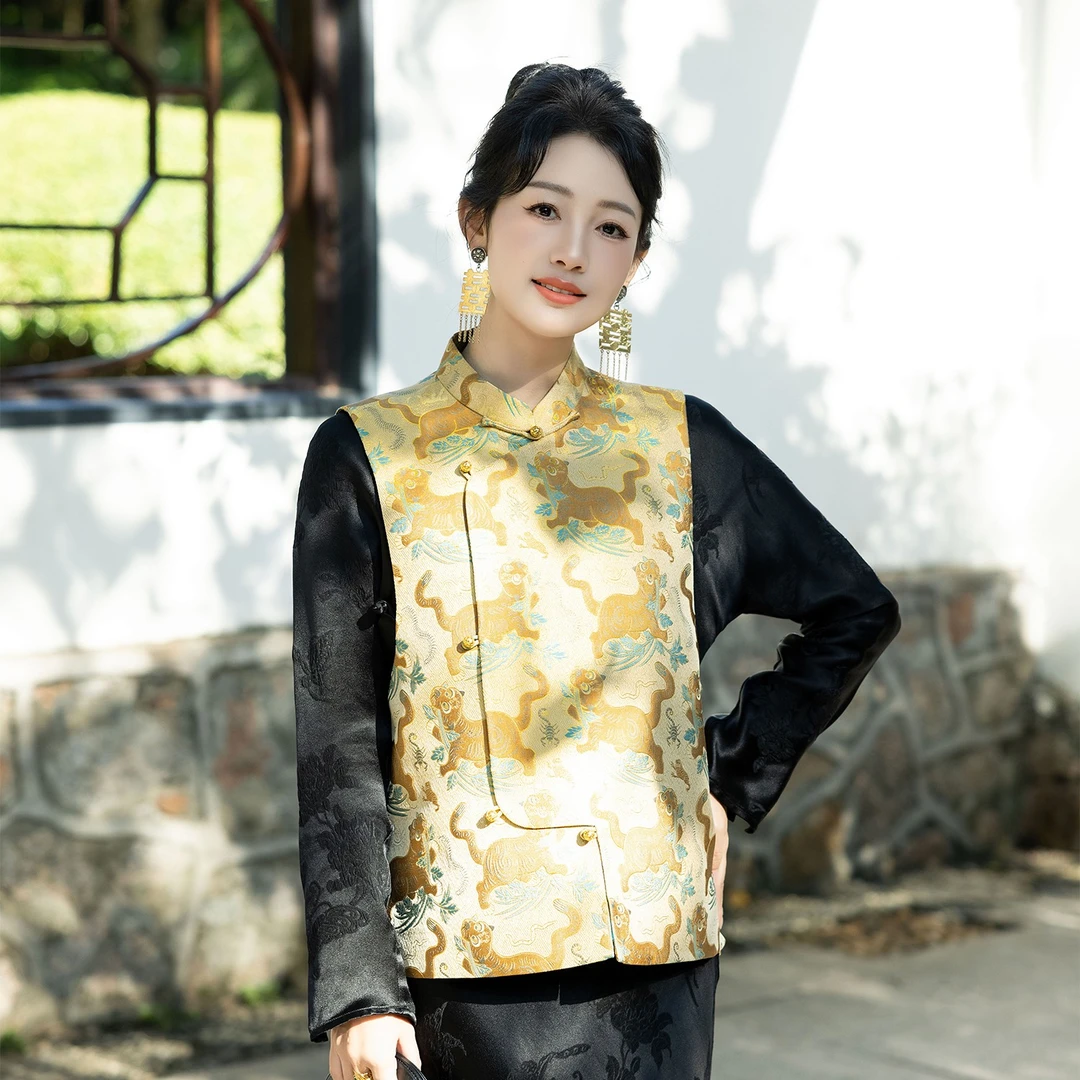 华裳格新中式钱小萍正品宋锦虎镇五毒织金立领琵琶襟马甲HS295