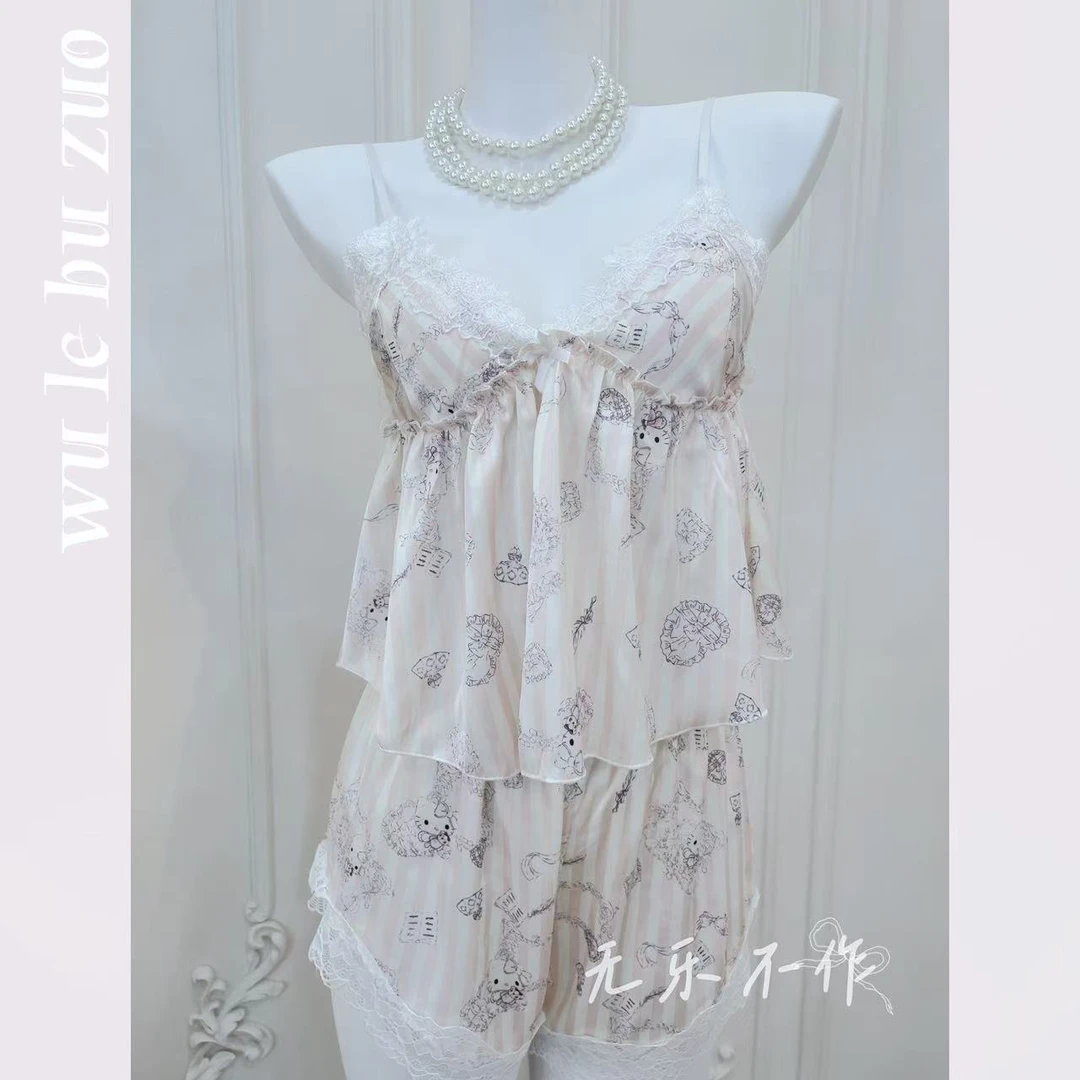 夏季hello Kitty凯蒂猫可爱少女吊带睡衣家居服套装千金公主风