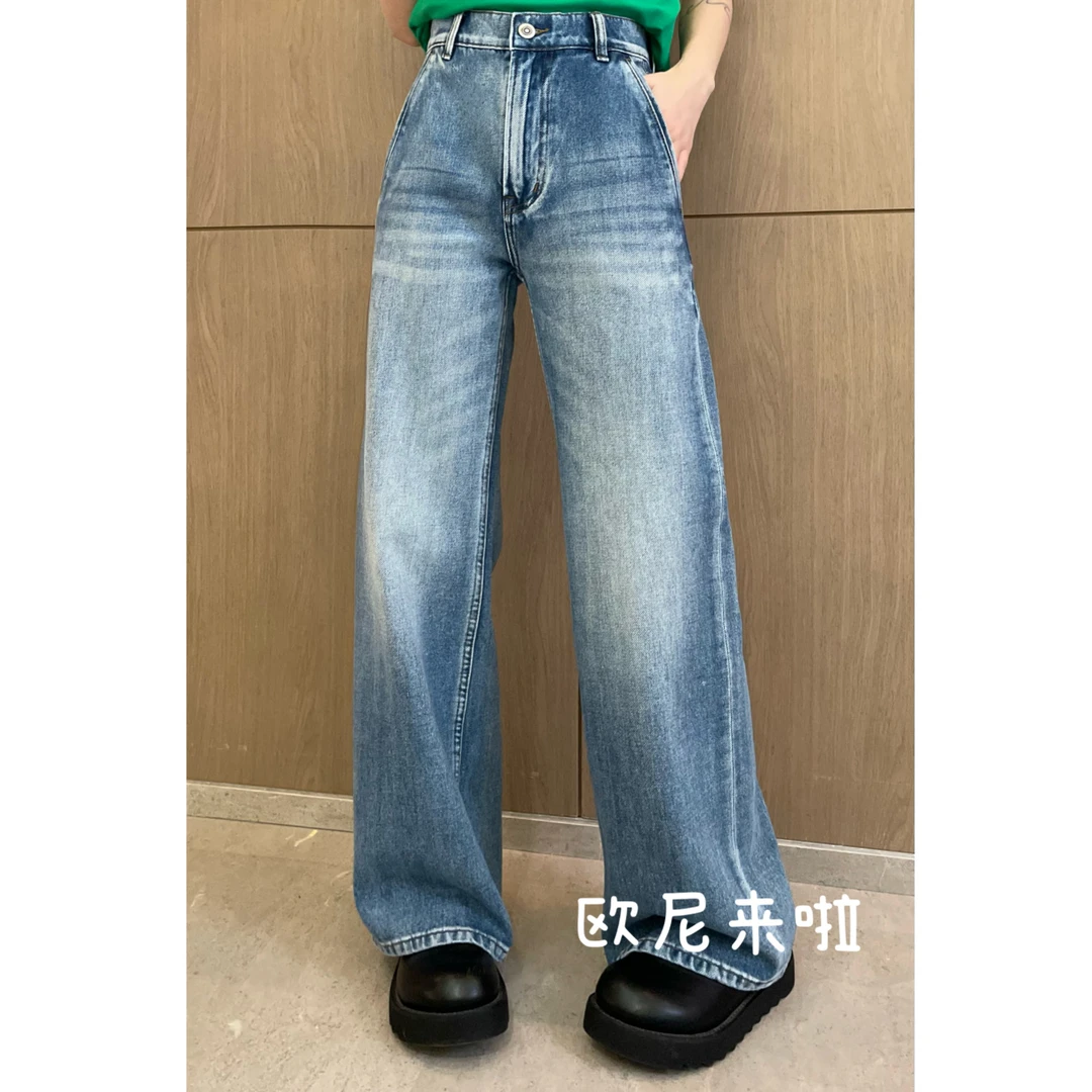 欧尼家【立体裤】手擦猫须高光感蓝色阔腿裤春夏潮流牛仔裤KZ5772N