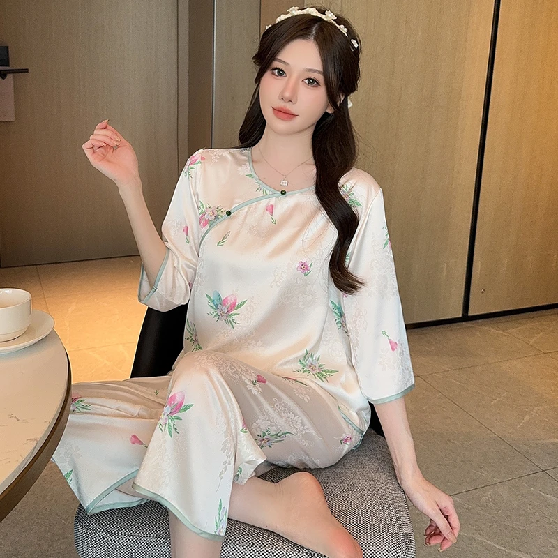 睡衣女款中国风冰丝提花中袖八分裤两件套2025新款春夏季家居服