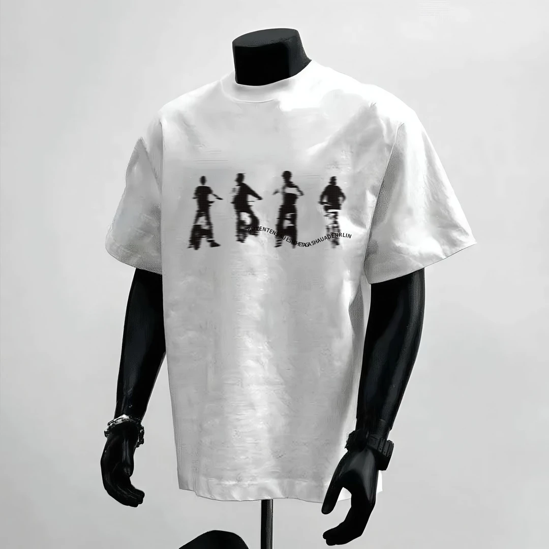 260g重磅纯棉美式潮流人影印花轻奢圆领短袖情侣装白T恤oversize