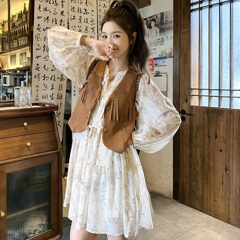 韩版复古流苏马甲碎花连衣群套装女2025夏季新款气质慵懒风两件套