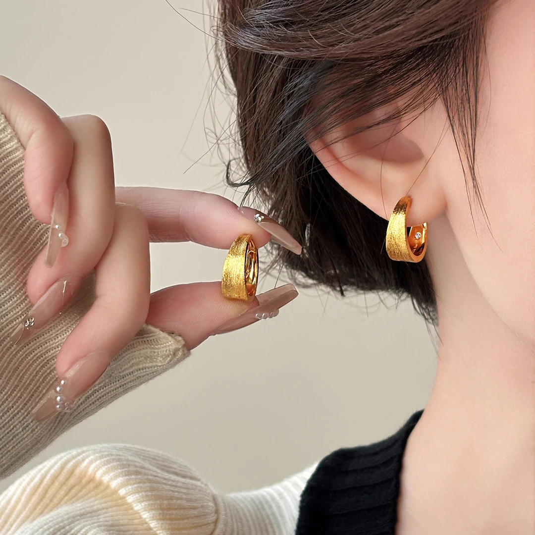 铜合金耳饰 复古拉丝素圈耳环女小众无耳夹洞爆款气质银针耳饰品