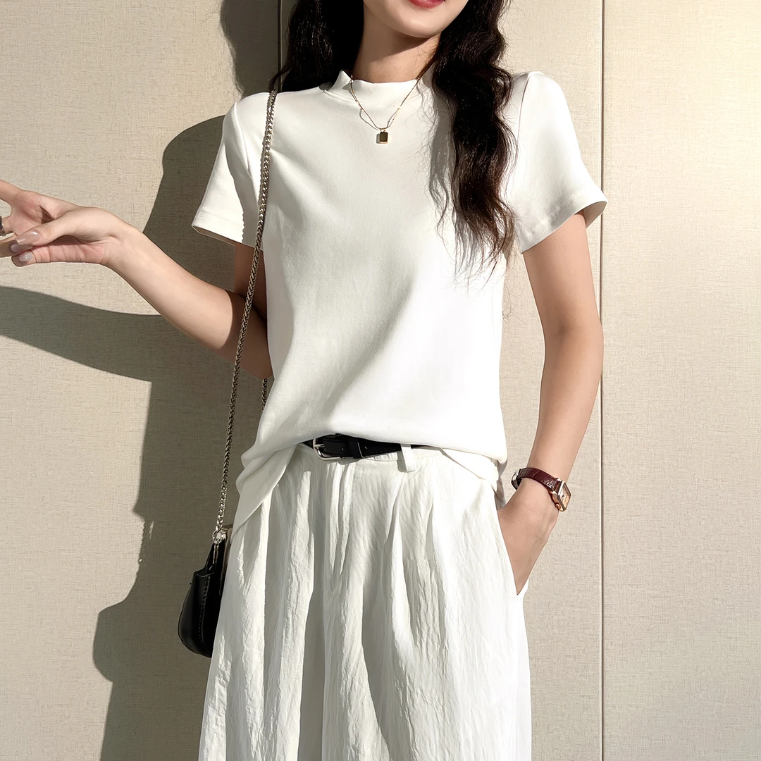 半高领净色螺纹棉短袖T恤女2025新款早秋立领正肩打底内搭上衣