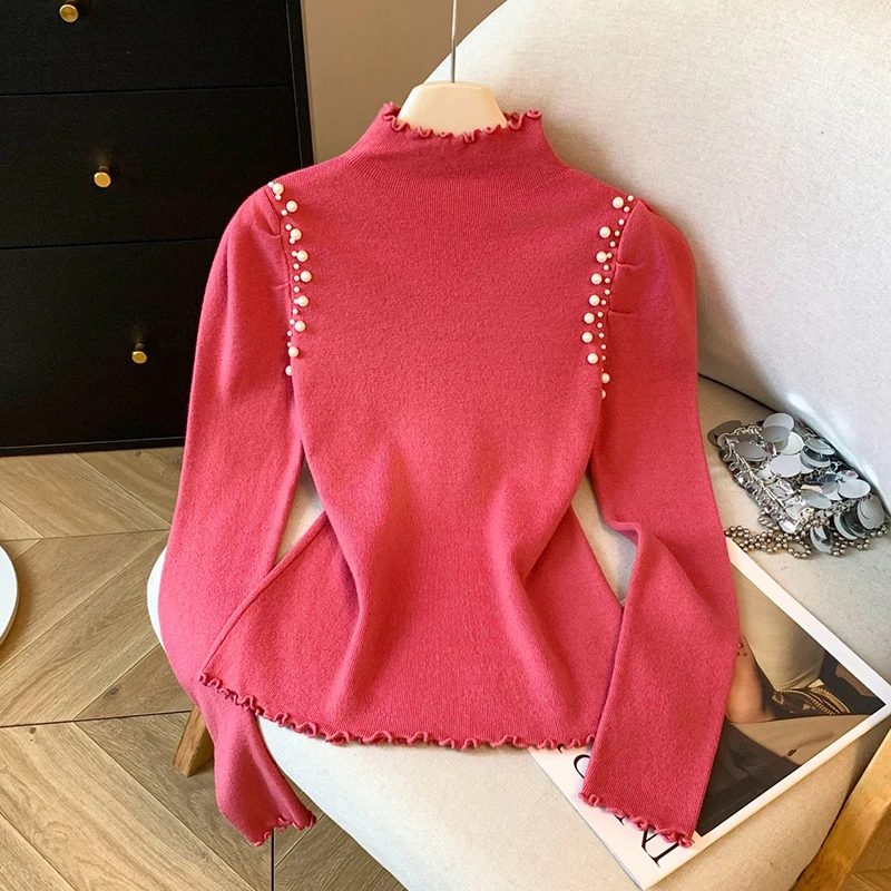 法式木耳边设计感钉珠长袖毛针织衫女秋冬时尚修身减龄毛衣女9578