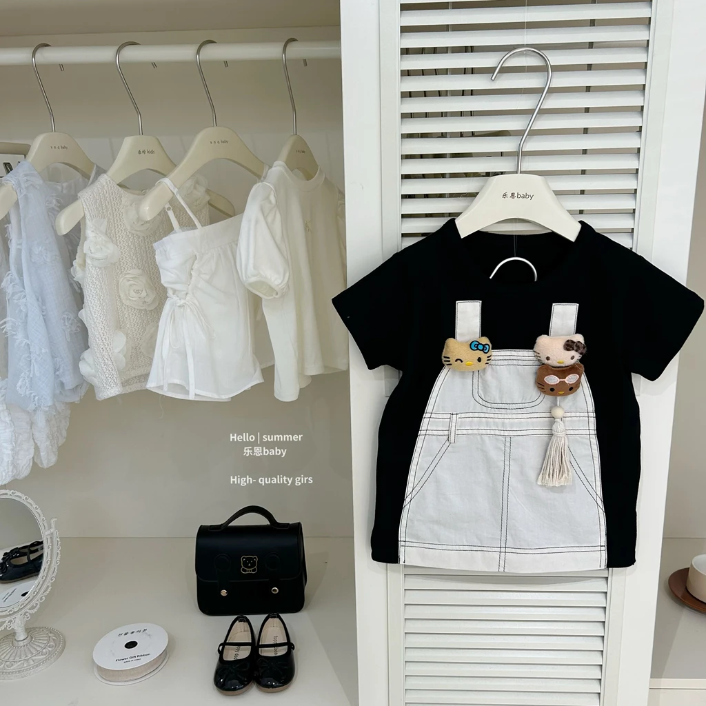 现【乐恩baby】2025春夏女童假两件卡通背带裙拼色洋气连衣裙可爱裙