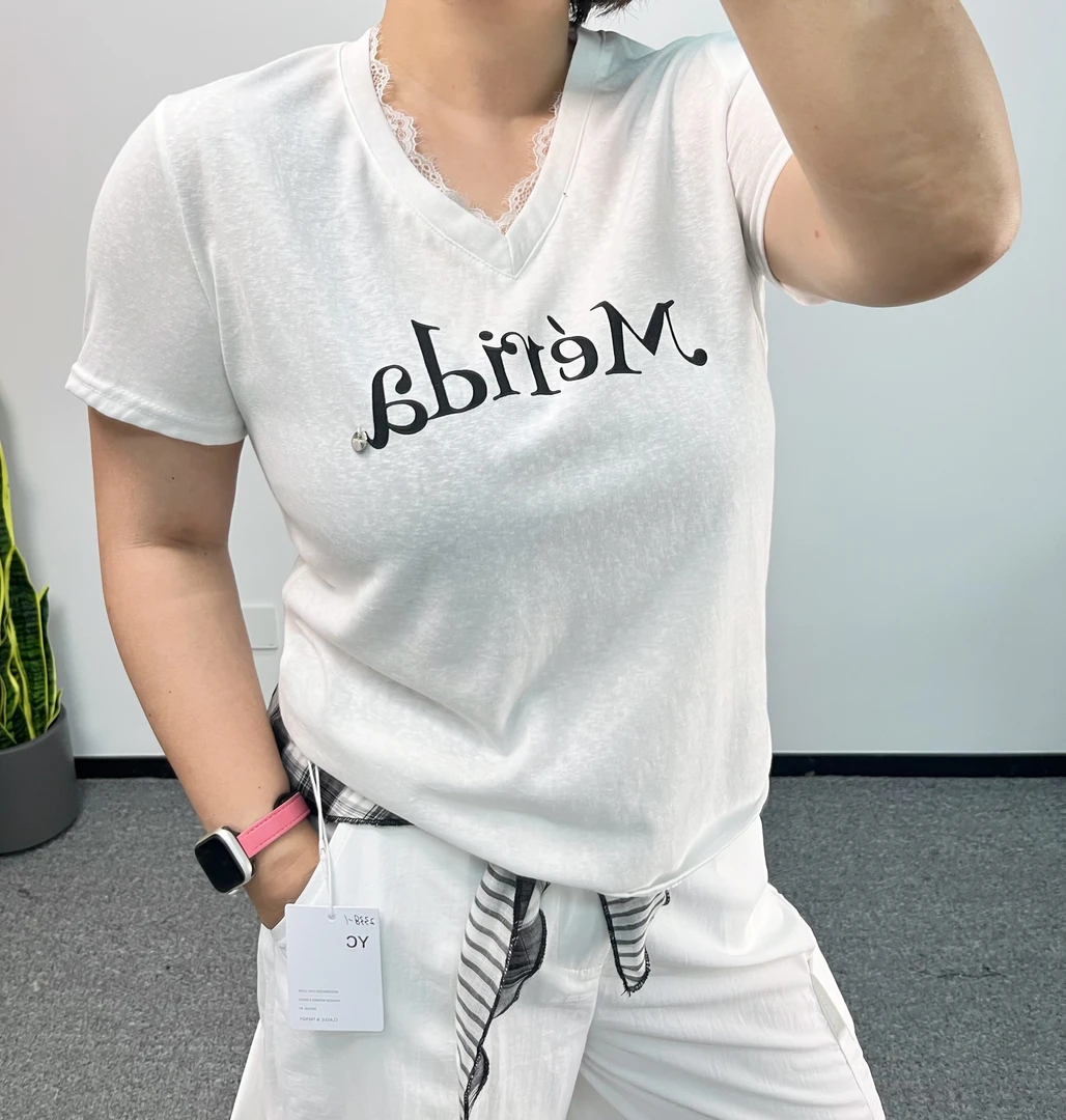 2025【蕾丝V领】包袖短款常规少女风T恤个性套装韩版百搭夏季时尚