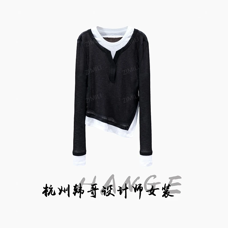 【韩哥女装】2025欧版暗夜黑拼接微透休闲爽肤衣9820