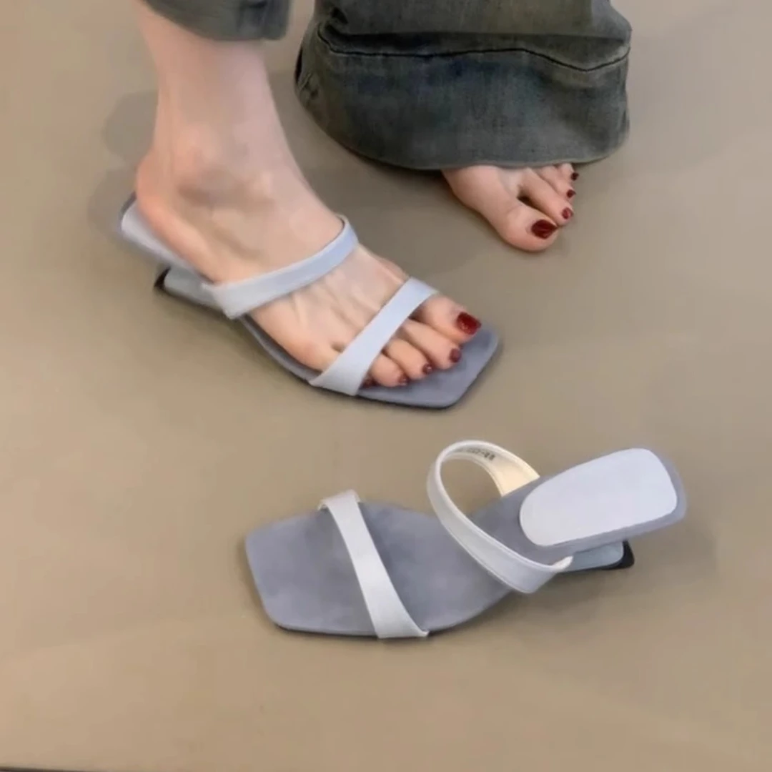 自留版~方头法式一字带坡跟凉拖鞋外穿气质露趾配裙子高跟凉鞋女