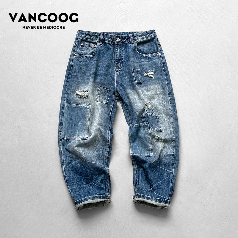 VANCOOG秋季美式潮牌补丁水洗弯刀休闲锥形跨裤宽松哈伦牛仔裤男