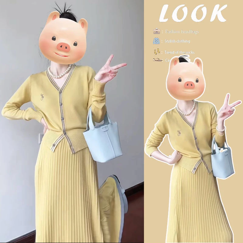 春季温柔系穿搭女2025新款韩版时尚v领针织开衫显瘦半身裙两件套