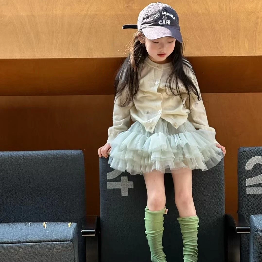 女童韩版春季新款百搭针织开衫蓬蓬纱tutu裙手工串珠花毛衣针织衫