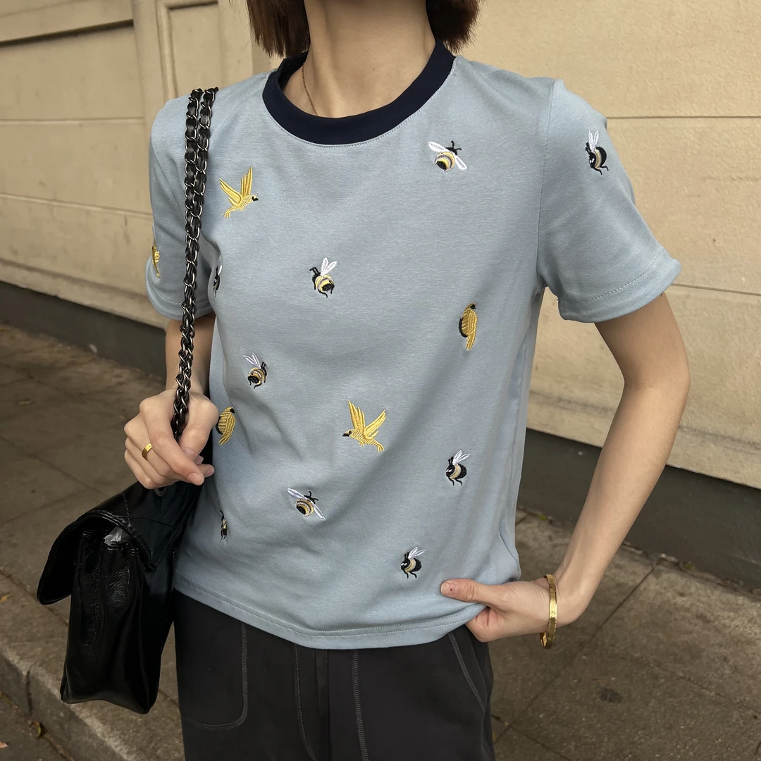 【鸟语花香】夏季气质显瘦简约百搭舒适高奢潮流女士T恤