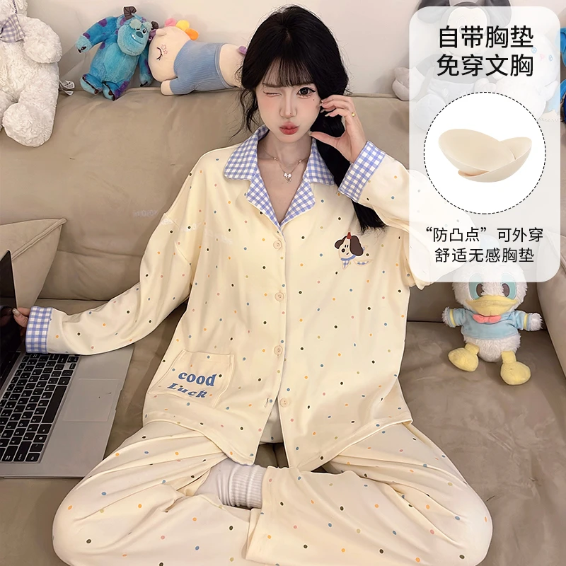 芯语婷春秋季新款彩色波点小狗女士睡衣长袖带胸垫甜美家居服套装