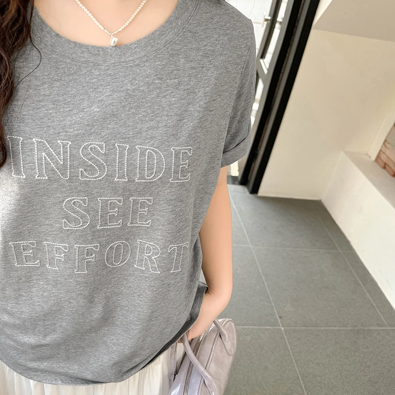DX7478大码女装【街拍字母T】胖mm圆领短袖刺绣300斤显瘦T恤上衣