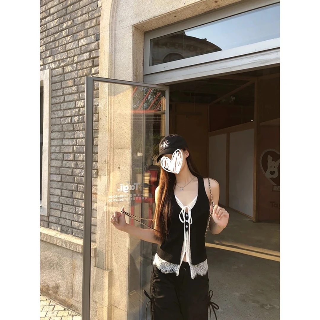 空白旋律夏季ins纯欲拼接蕾丝系带开衫假两件设计背心