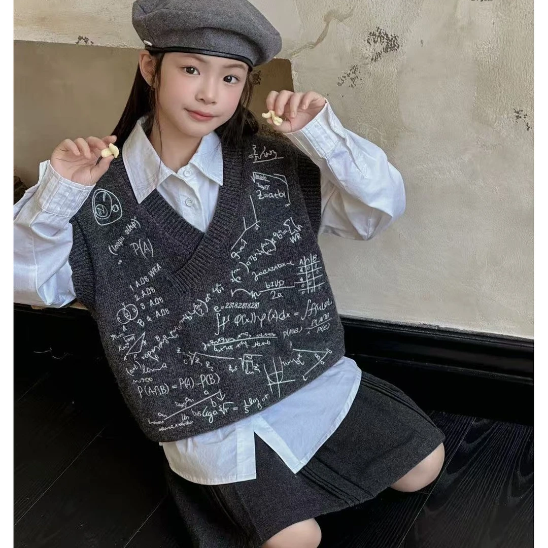 秋冬女童V领满绣毛衣背心灰色 8102驰系