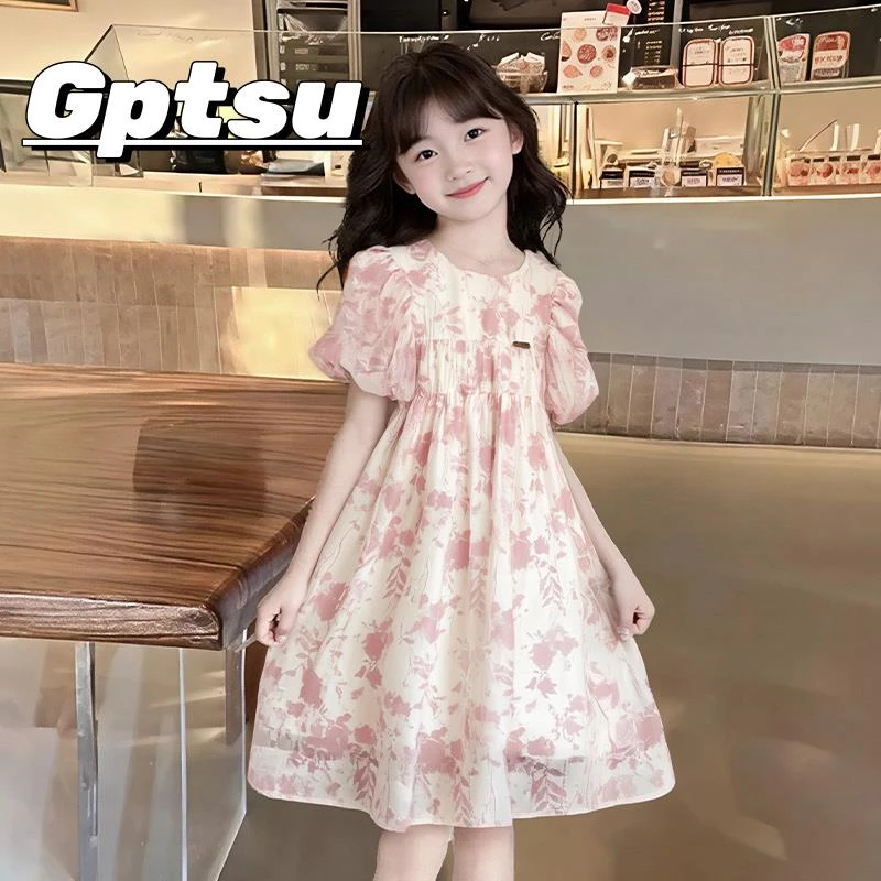 GPTSu女童连衣裙2025款时髦甜美可爱泡泡袖设计小清新圆领碎花裙