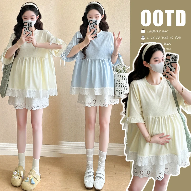 2025夏季新款甜美蕾丝拼接短袖上衣T恤蕾丝短裤孕妇装时尚百搭