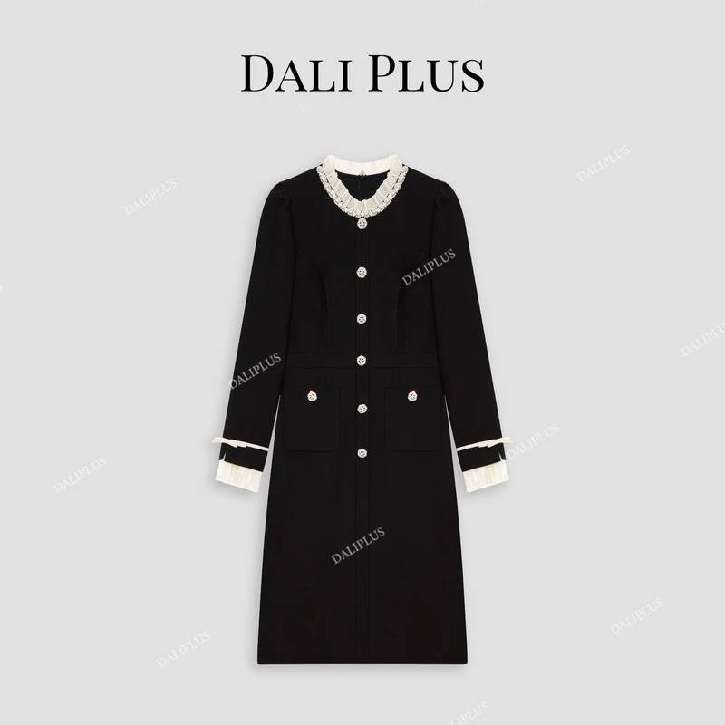 DALI PLUS赫本风法式复古高黑色天丝羊.毛撞色连衣裙-D4SS0222