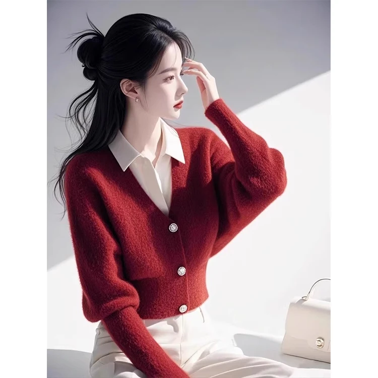 今年流行独特漂亮超好看慵懒高级感圣诞新年红色假两件毛衣2024冬