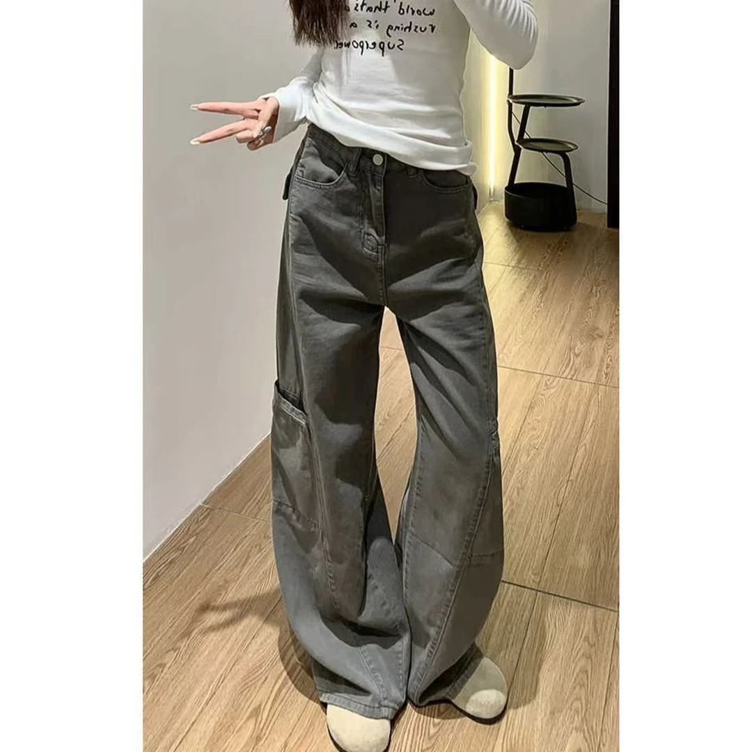 美式复古高街阔腿工装牛仔裤女显瘦垂感高腰弯刀裤百搭多口袋XL02