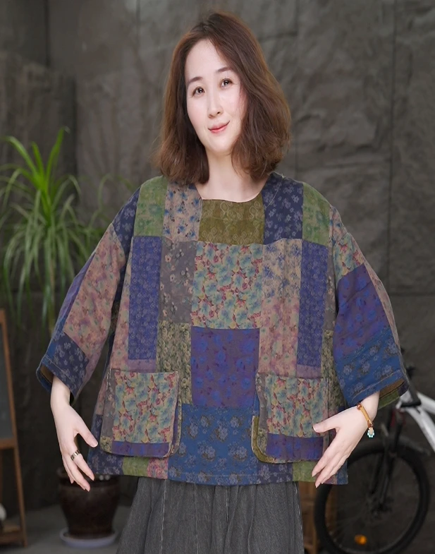 【高品质中袖上衣】女装大码宽松显瘦民族风套头百搭T恤女