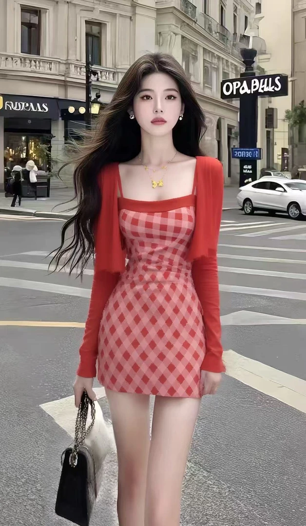 气质名媛红色一字肩吊带格子修身包臀连衣裙+红色百搭开衫两件套