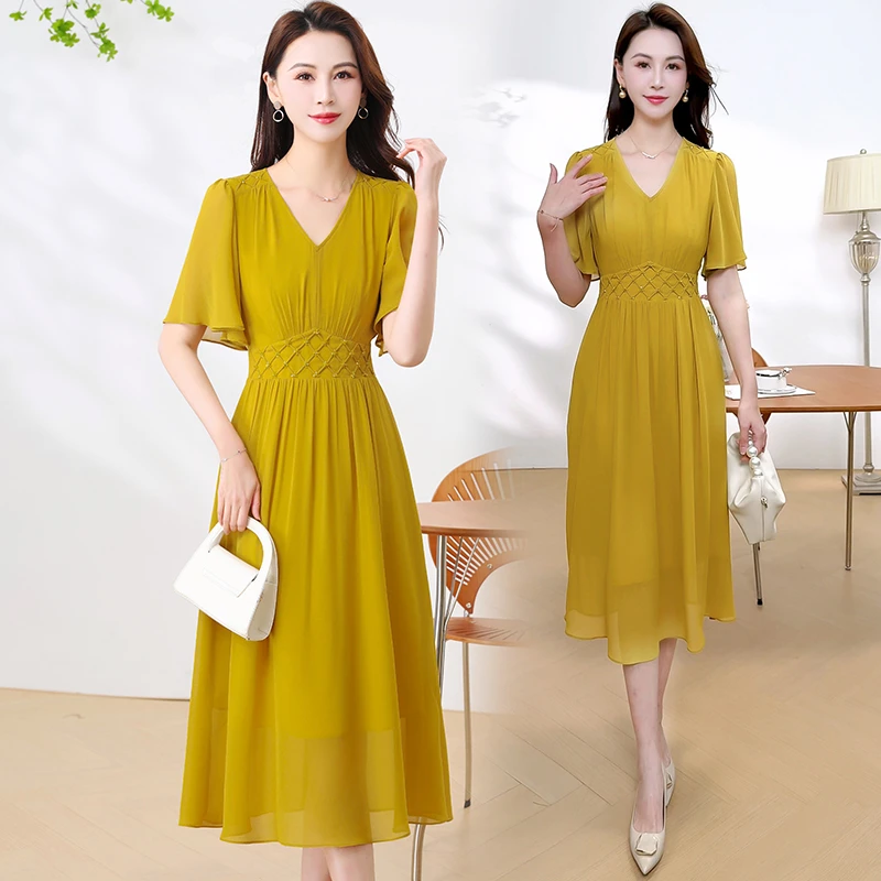 气质V领纯色纱料短袖连衣裙女2025夏季新款妈妈高档薄款收腰裙子