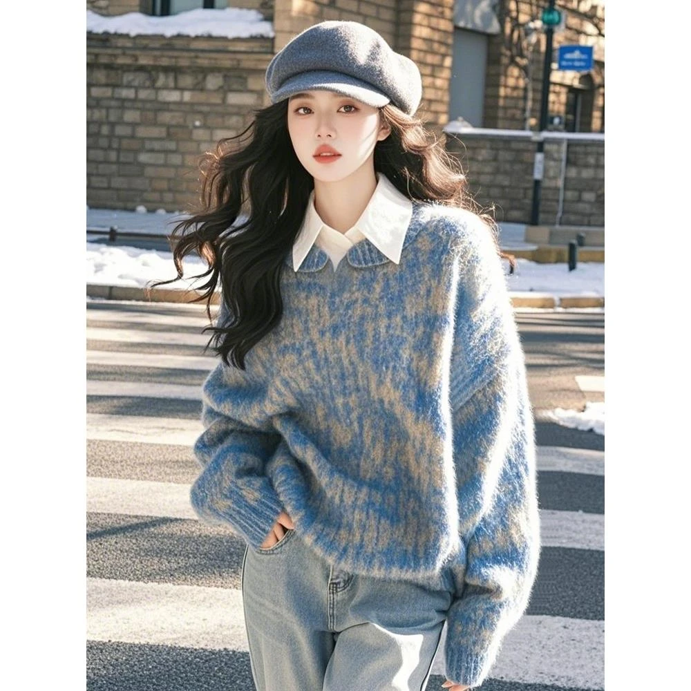 奶fufu慵懒高级感超好看软糯设计感蓝色撞色晕染翻领针织毛衣女冬