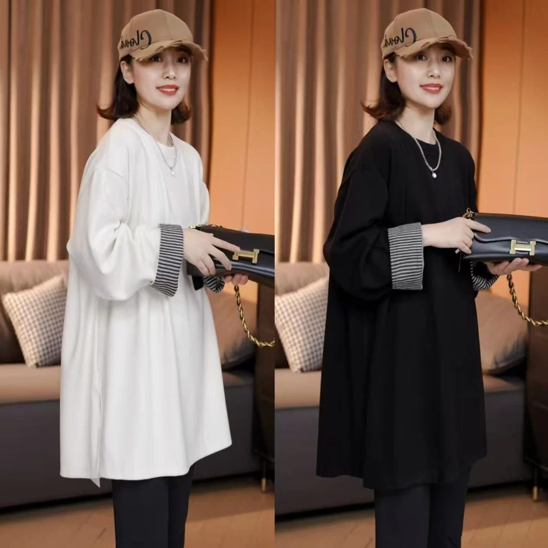 早秋新款 拼色条纹翻袖开叉T恤气质遮肉百搭宽松纯色圆领长袖上衣