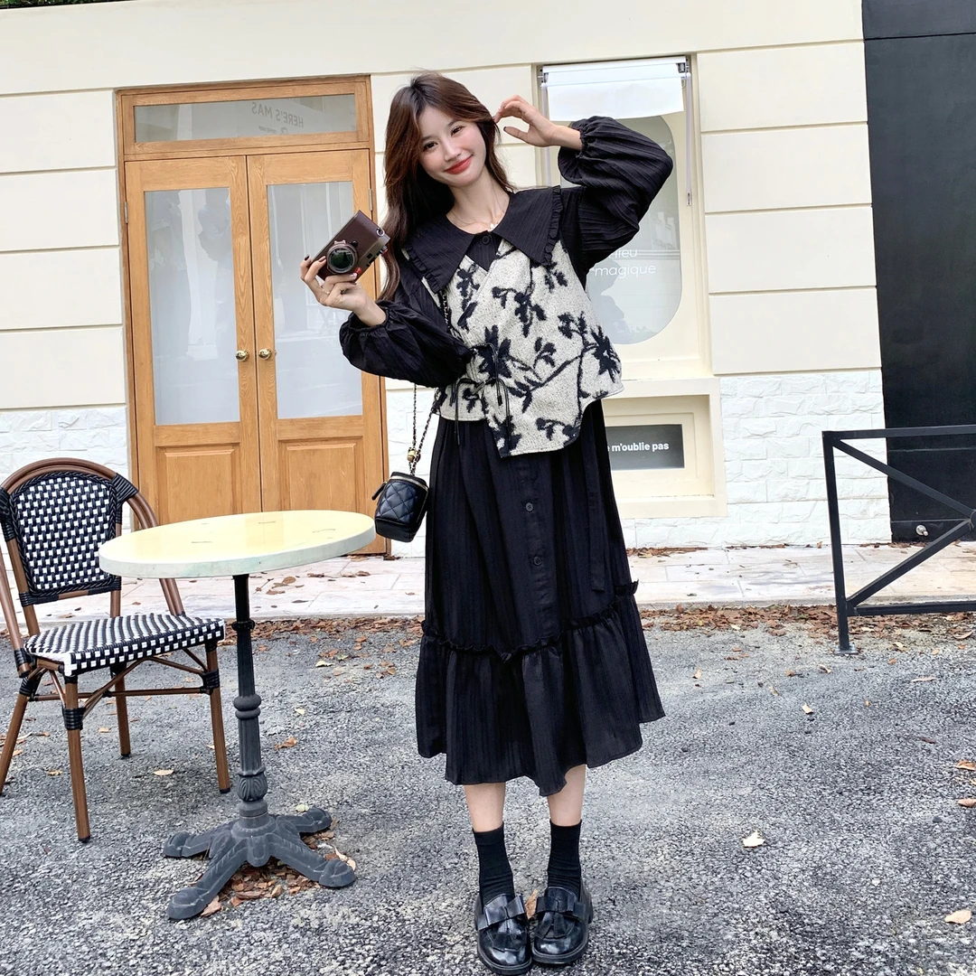 黑色法式桔梗连衣裙国风盘扣马甲时尚套装女2025新款春温柔风长裙