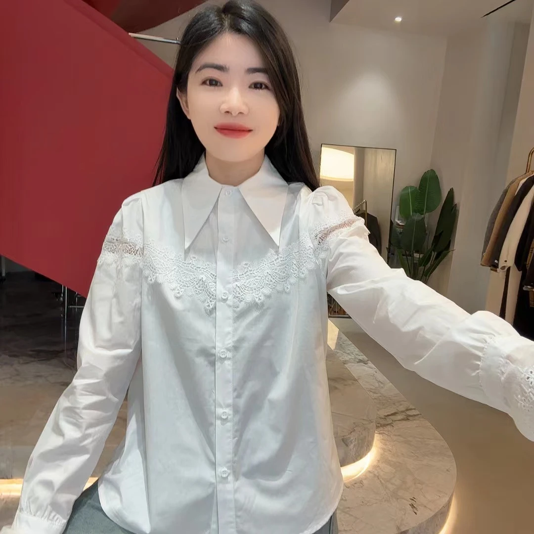 QC 252568 春款新款重工刺绣蕾丝拼接衬衫
