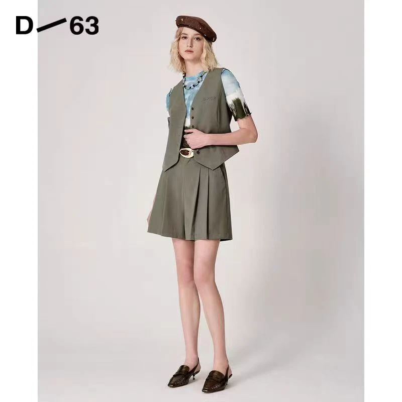 D63女装短裤套装百褶短款夏季复古口袋直筒宽松休闲