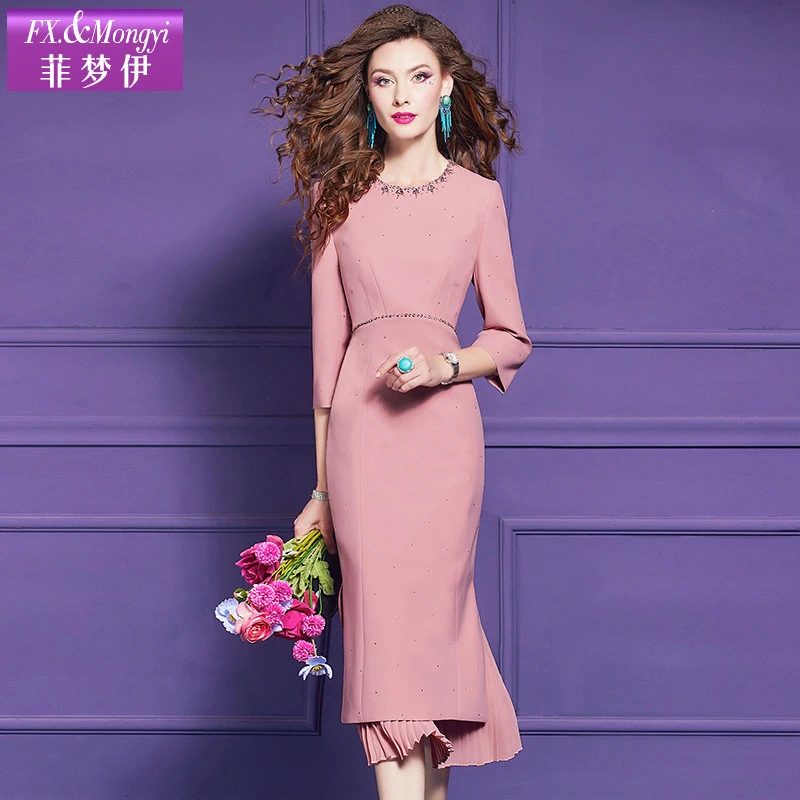 菲梦伊钉珠粉色连衣裙长袖秋装新款高端优雅轻奢修身鱼尾裙62334