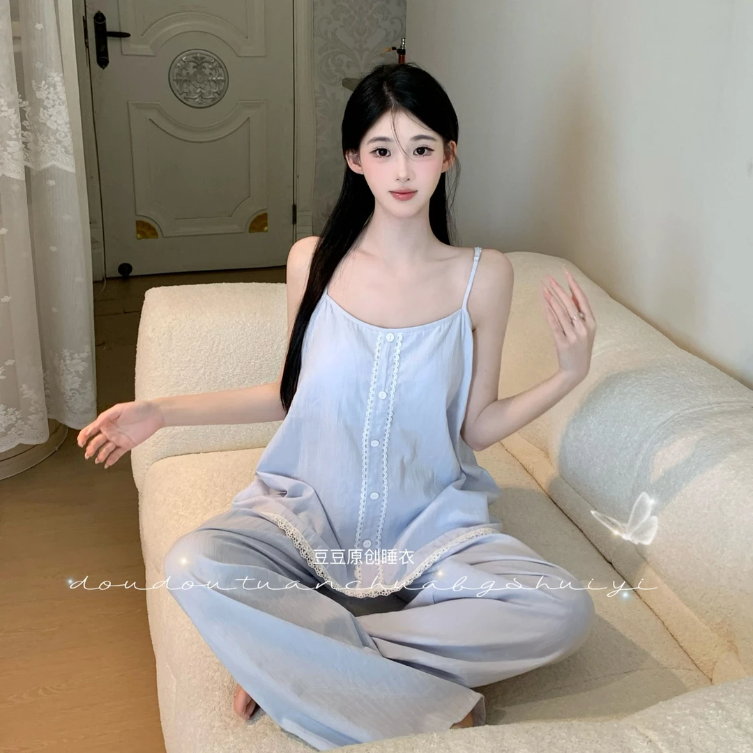 1豆【恋夏】无袖套装高腰显瘦夏季女蕾丝法式睡衣