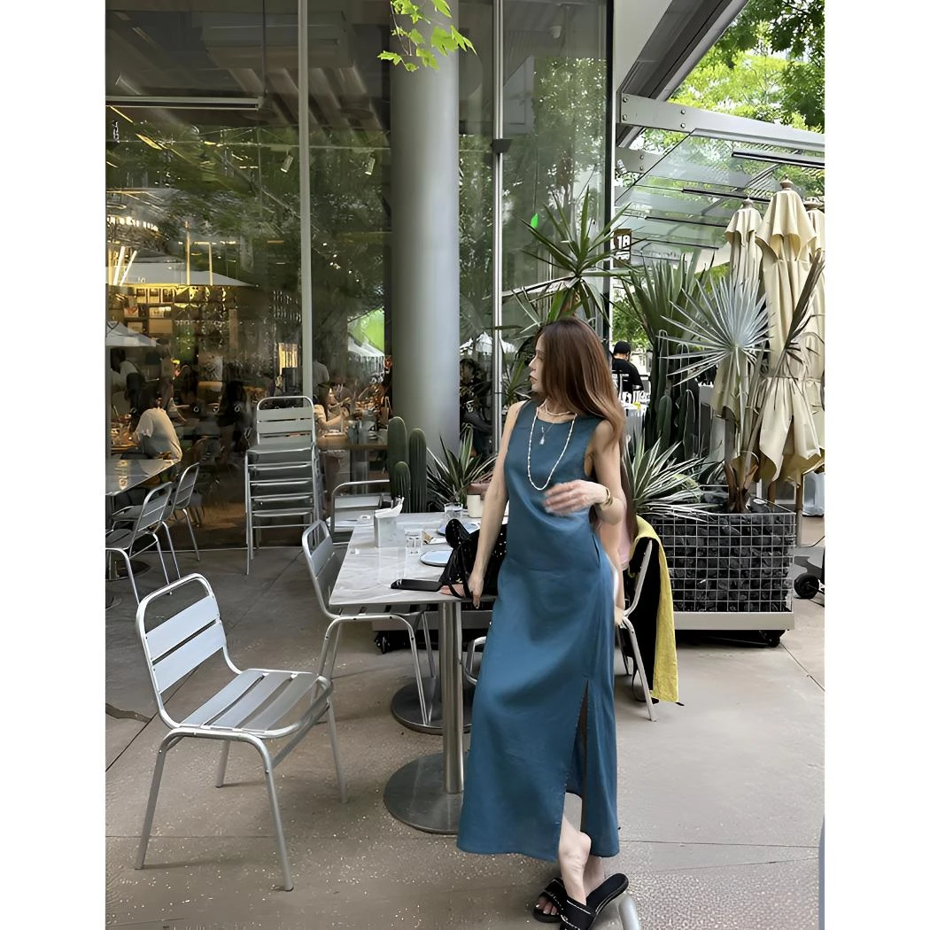 【YAN】夏季新款法式天丝麻无袖露后背显瘦长款连衣裙YY-544