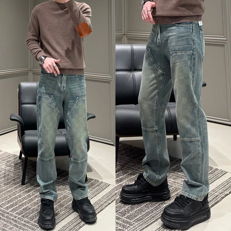 高端美式复古做旧蓝色款式直筒阔腿裤男士牛仔裤潮牌时尚修身百搭