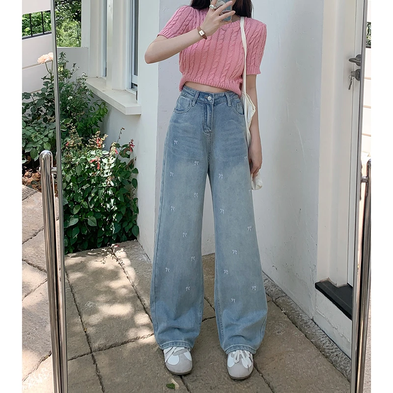 蝴蝶结刺绣牛仔裤女2025春季新款宽松遮胯显瘦休闲设计直筒裤