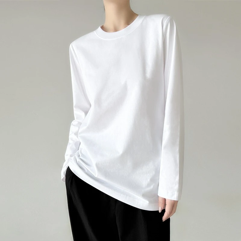 直筒遮屁股圆领长袖T恤棉质正肩打底衫宽松休闲外穿百搭上衣女秋t