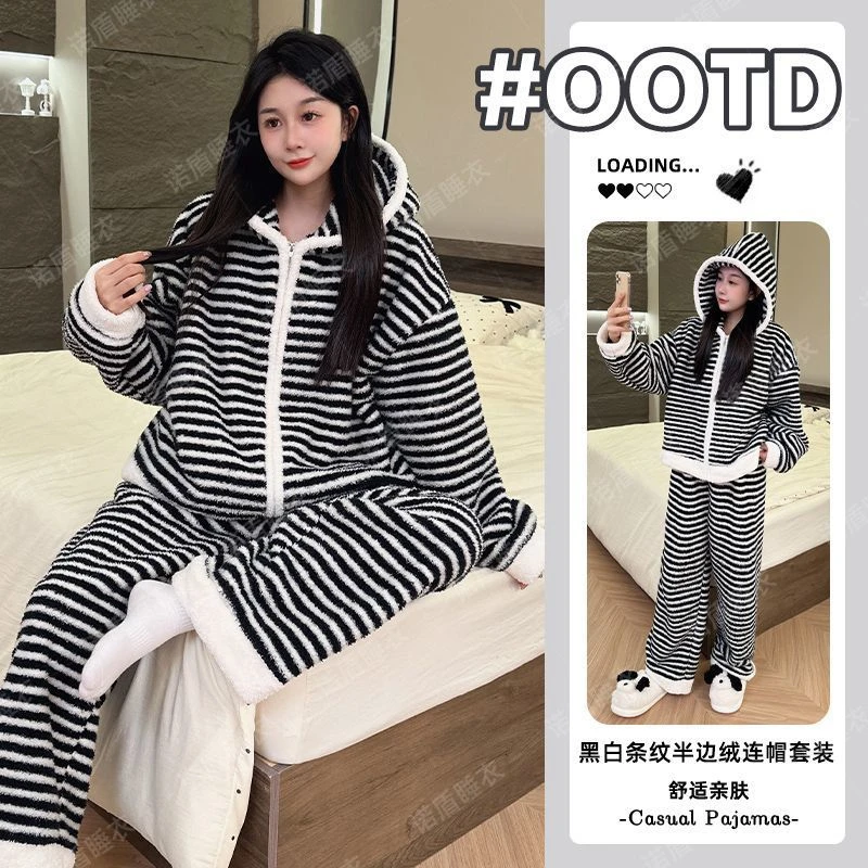 睡衣女2025新款冬季条纹连帽保暖加绒加厚珊瑚绒家居服套装外穿