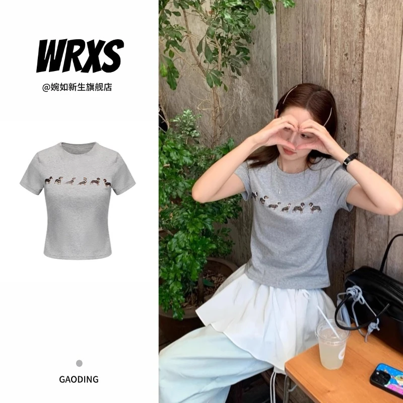 【婉如新生】韩系设计感修身短袖t恤女圆领印花露肚脐小个子上衣潮