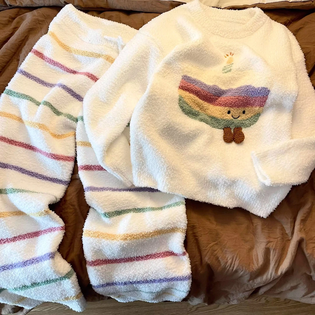 韩系少女甜美彩虹条纹半边绒睡衣女冬季新款加绒保暖家居服两件套