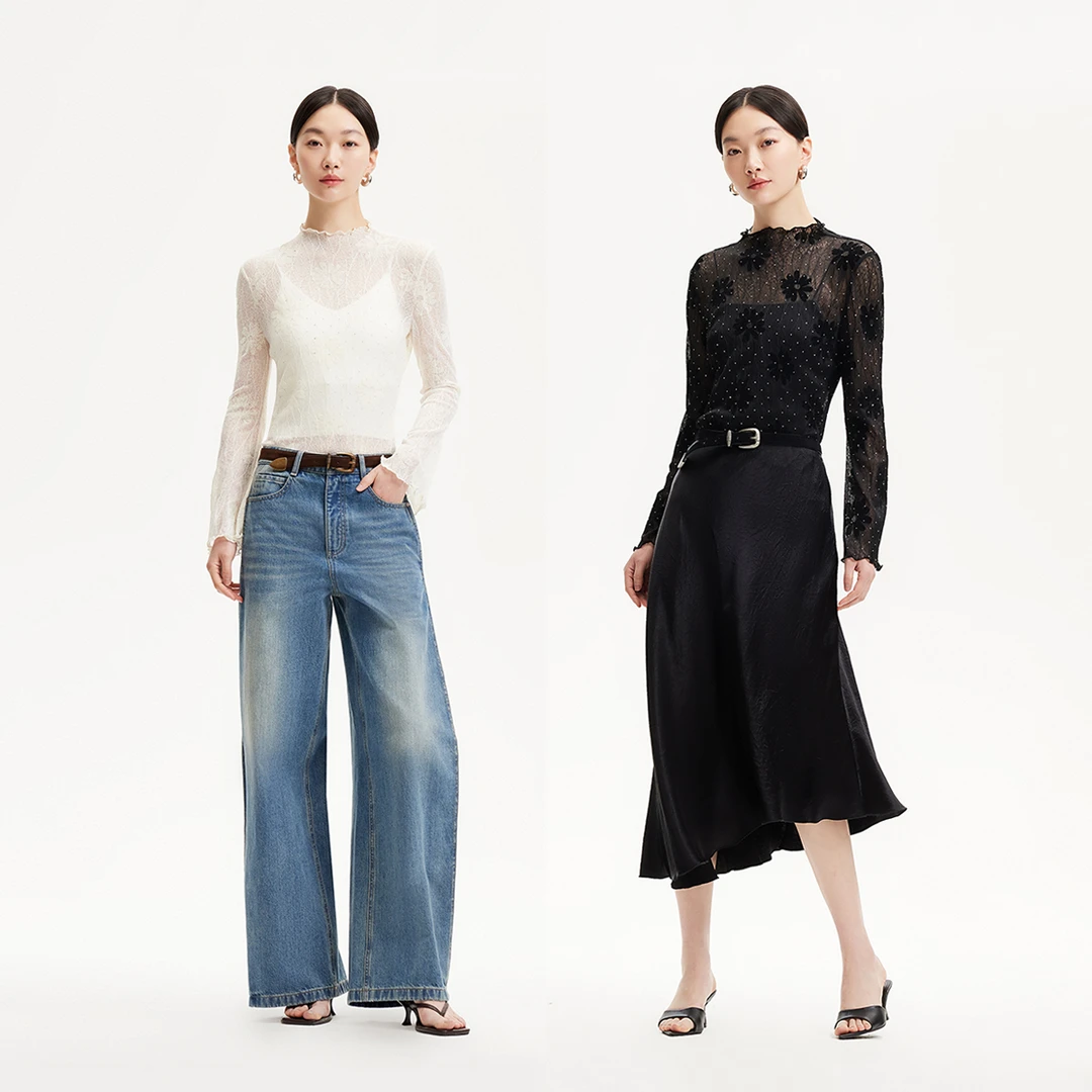 Vero ModaT恤女春游出行小众洋气木耳边微透钻饰修身325102019