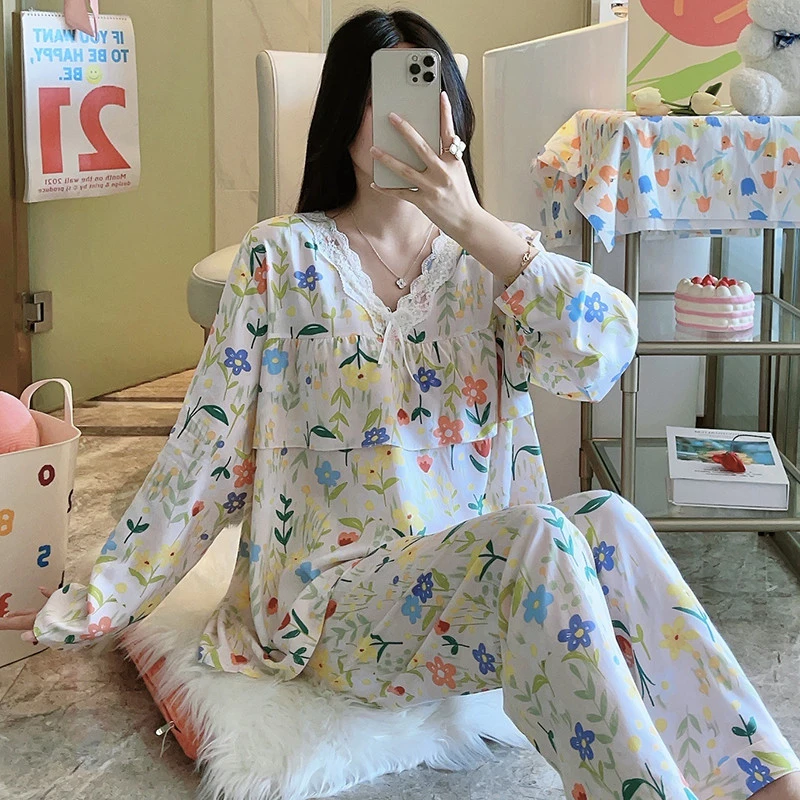 棉绸睡衣女夏季薄款防凸点长袖长裤宽松人造棉套装大码家居服