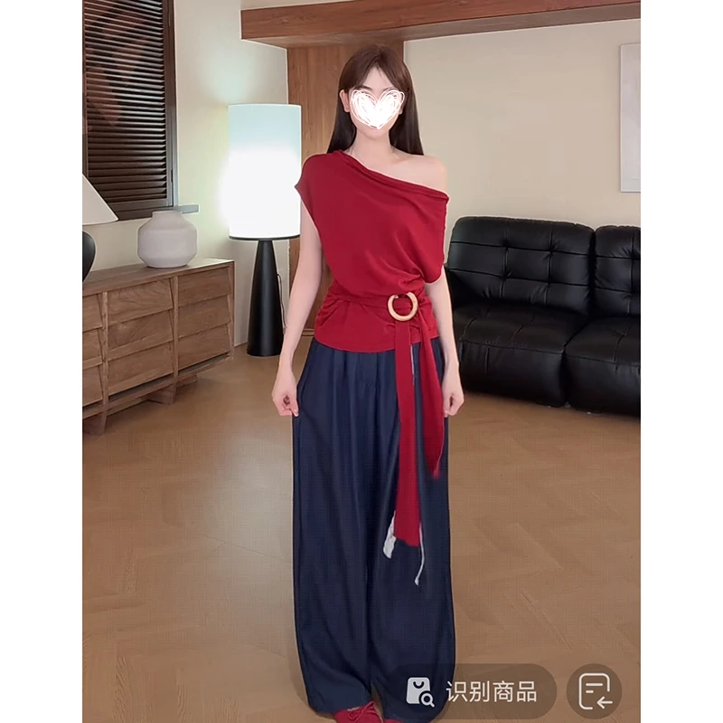 FRVXO露肩一字领短袖腰带收腰上衣斜边绑带蝴蝶结拖地阔腿裤套装