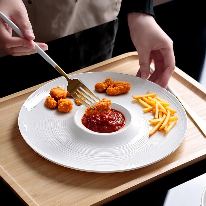 纯白骨瓷10寸饺子盘带醋碟 陶瓷凉菜盘虾盘水饺专用盘自带蘸料碟