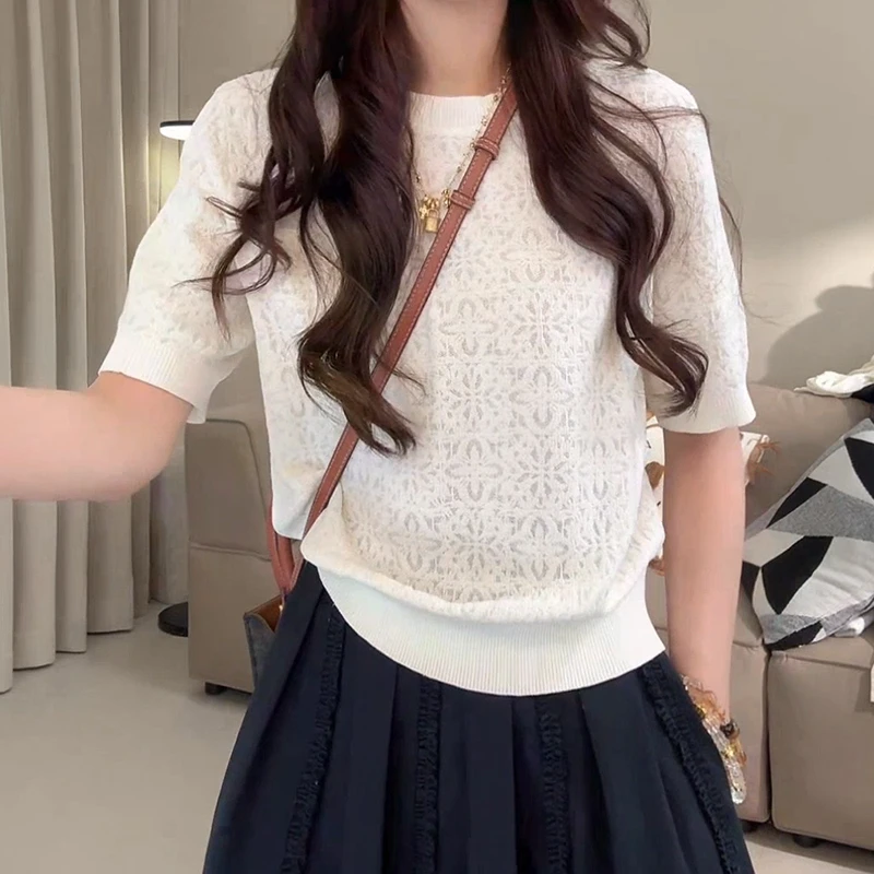 2025年夏季新款气质镂空圆领针织衫女休闲百搭潮流显瘦短袖上衣